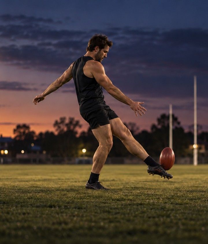A kicker side-on at contact, ball on the boot