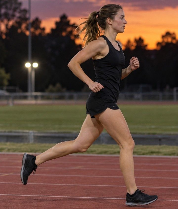 A woman running past side-on, mid-stride