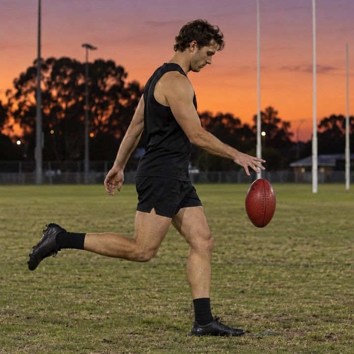 A kicker planting the support foot as the ball drops