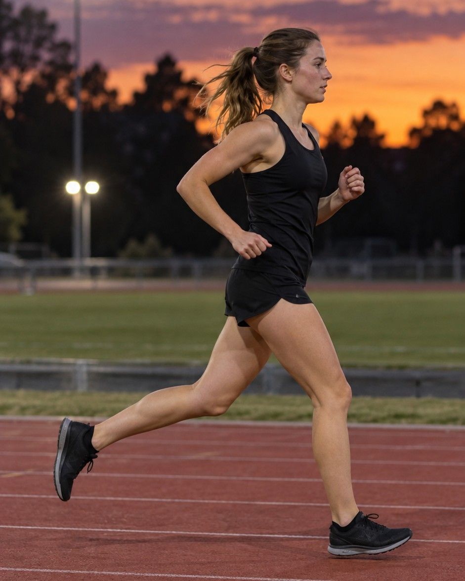 A woman running on a track, mid-stride