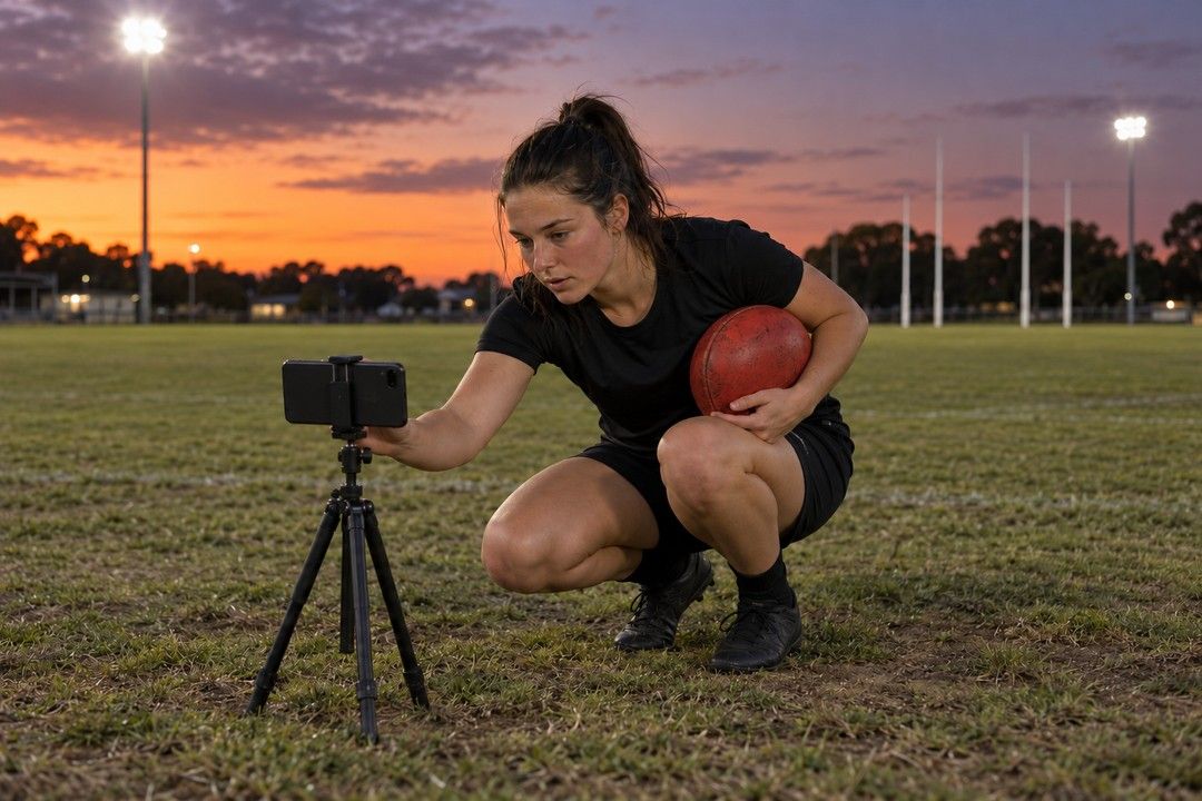 A player crouching to set up a phone on a tripod